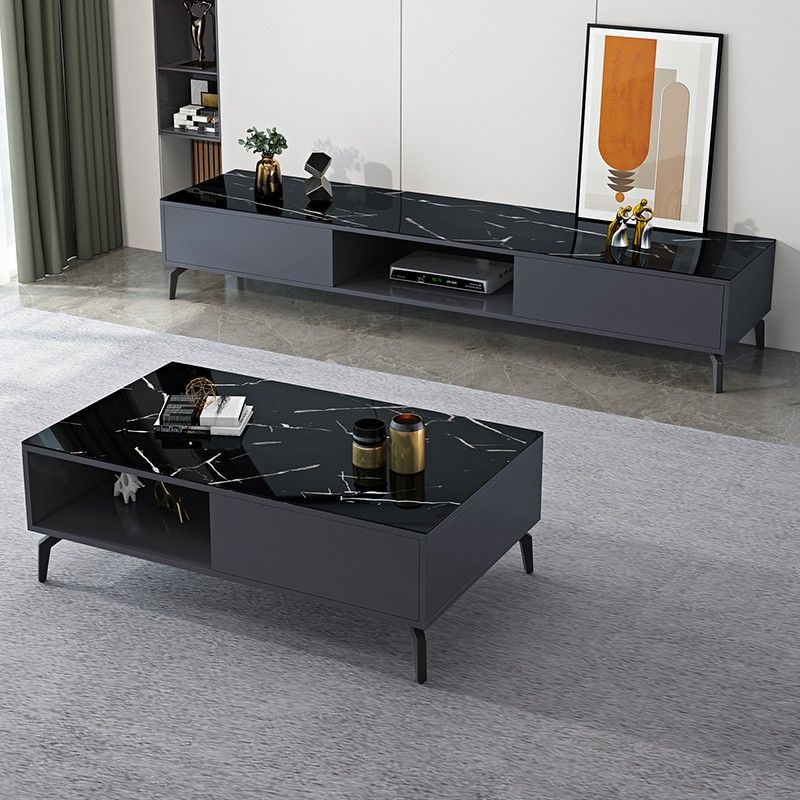 Glam TV Console Stone Media Console Black/White Open Storage Console Clearhalo 'furn' 'furn_tv_stands_entertainment_centers' 'Furniture' 'Living Room Furniture' 'TV Stands & Entertainment Centers' 'TV Stands & Media Storage Furniture' 'tv_stands_entertainment_centers' 1200x1200_56436f97-8dbd-4743-8564-6698d40a226c