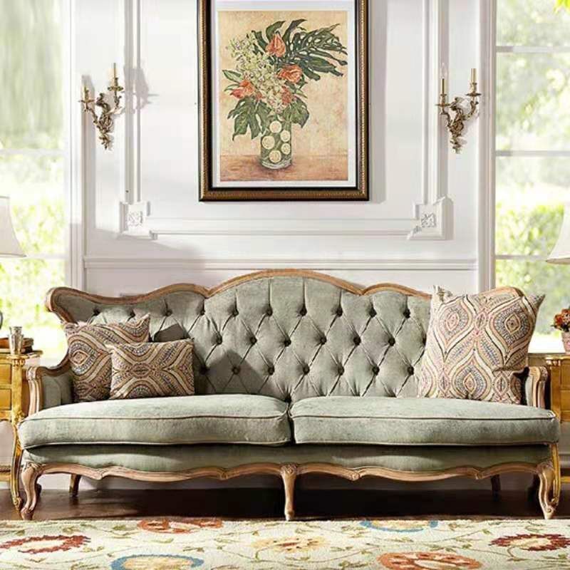 French Country Sofa Solid Wood Tufted Split-Back Settee for Living Room