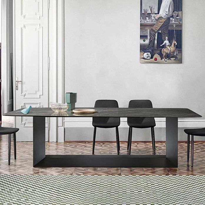 Metal Contemporary Rectangular Dining Table Sintered Stone Table with Trestle Clearhalo ' dining_table' 'Dining Tables & Seating' 'Dining Tables' 'furn' 'furn_dining_table' 'Furniture' 'furniture_dining_table' 'Kitchen & Dining Furniture' 'kitchen&dining_furn' 'kitchen' 'kitchen_dining_table' 1200x1200_564dac19-323e-4c16-b9aa-ce4ed87f2427