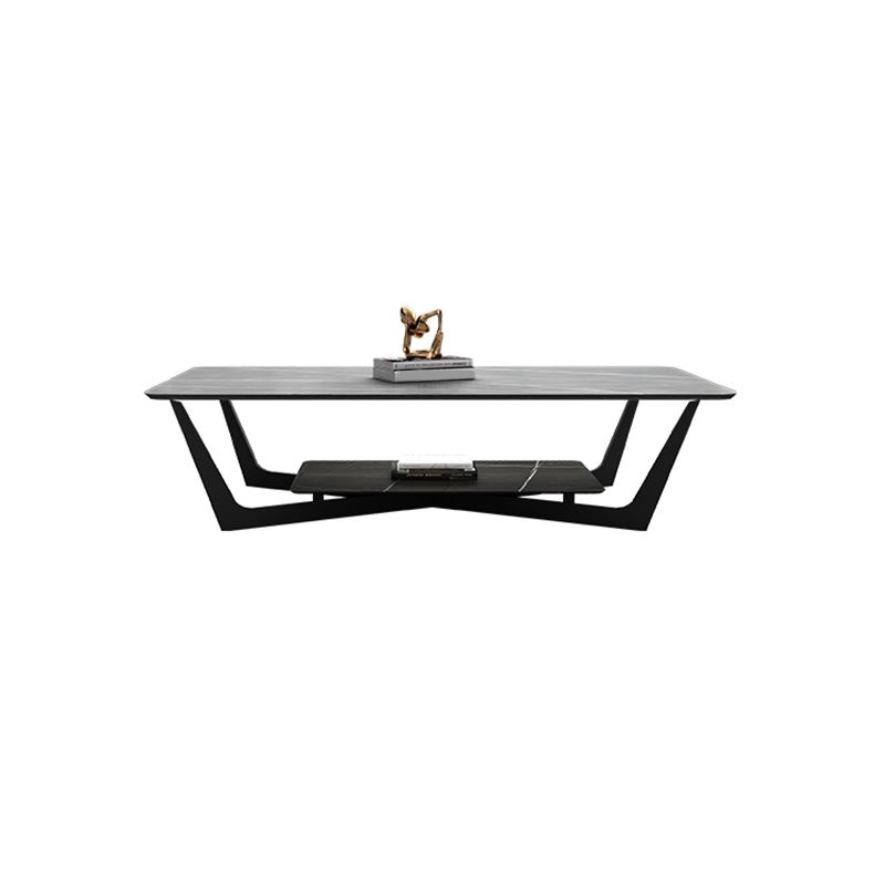 Rectangle Stone Top Cocktail Table with Cross Leg and Storage Shelf