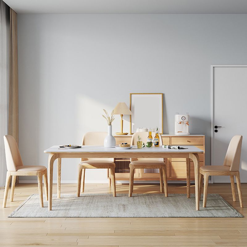 Modern White Rectangular Stone Top Dining Table with 4 Ash Legs
