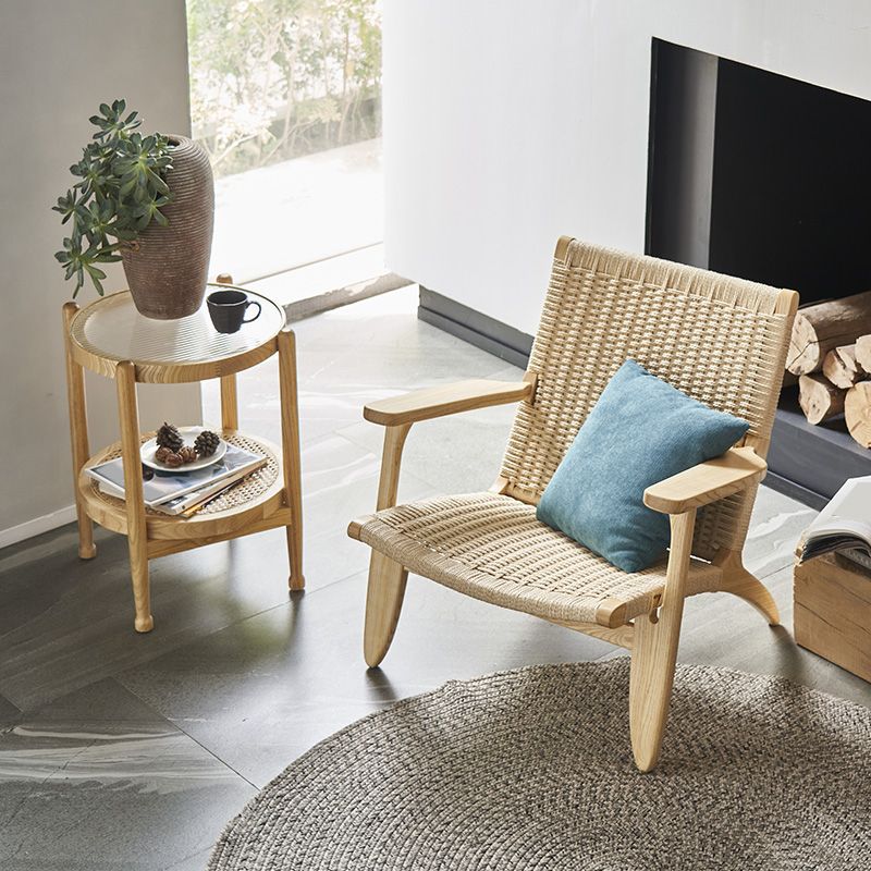 Woven Back Chair Square Arms Solid Wood Arm Chair for Living Room