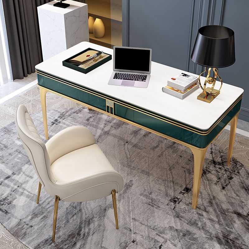 Bureau de bureau en bois contemporain Bureau de tâche de forme rectangulaire avec 4 jambes en vert et or