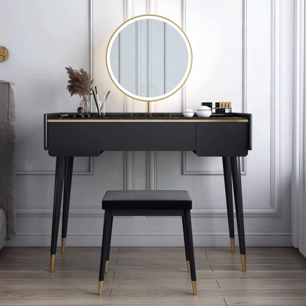 Glam houten framekrandtafel leisteen top ijdelheid met laden