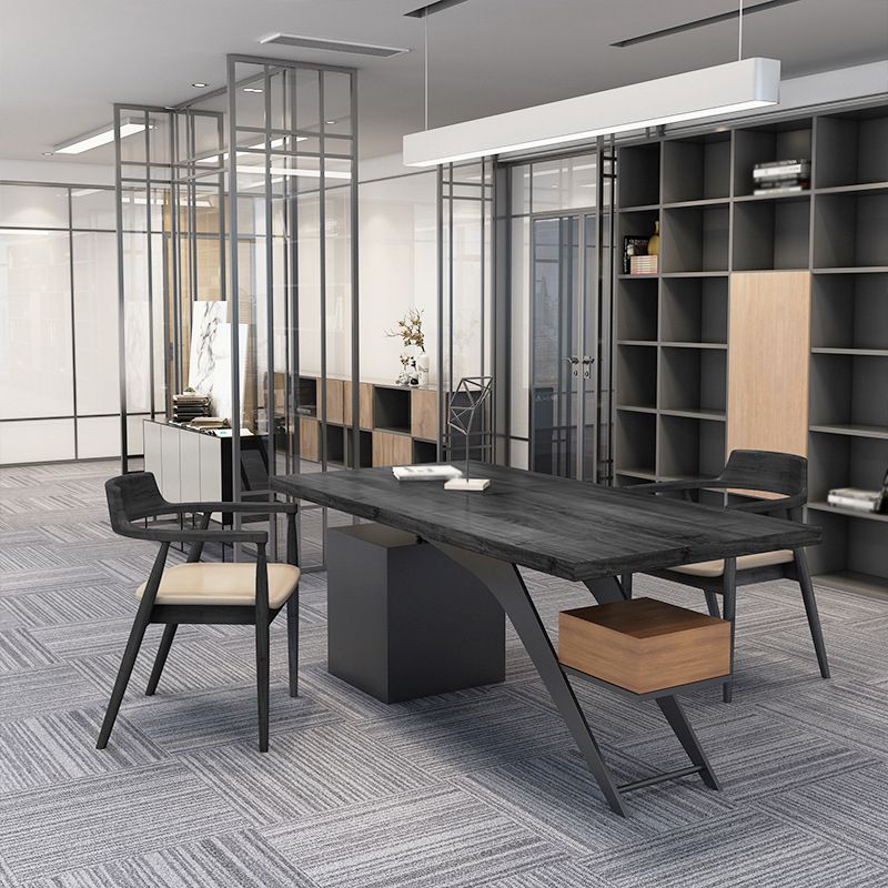 Black Writing Desk Modern Style Solid Wood Top Metal Legs with Drawers Clearhalo 'furn' 'furn_office_desk' 'Furniture' 'Office Desks' 'Office Furniture' 'office_desk' 1200x1200_5706fc06-f436-467a-9846-ab544778cdfe