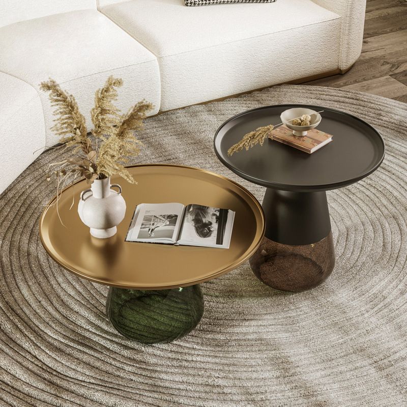 Round Metal Tray Top Coffee Table Glass Pedestal Cocktail Table Clearhalo 'Coffee & Accent Tables' 'Coffee Tables' 'coffee_tables' 'furn' 'furn_coffee_tables' 'Furniture' 'Living Room Furniture' 1200x1200_570bedd5-7364-4320-8dee-47fb4e5d7941