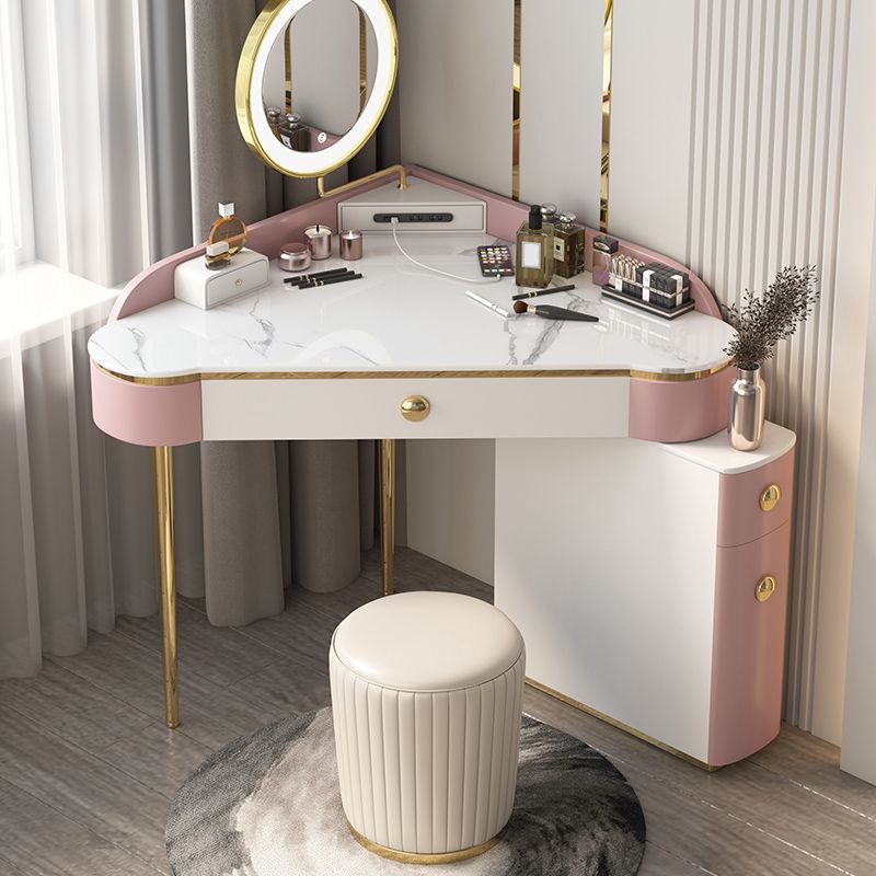 Glam Style Rock Slab Vanity with 3 Drawers White/pink Metal Base Clearhalo 'Bedroom Furniture' 'furn' 'furn_makeup_vanities' 'Furniture' 'Makeup Vanities' 'makeup_vanities' 1200x1200_573edcd6-ed8e-494d-b173-3b724bbc7411