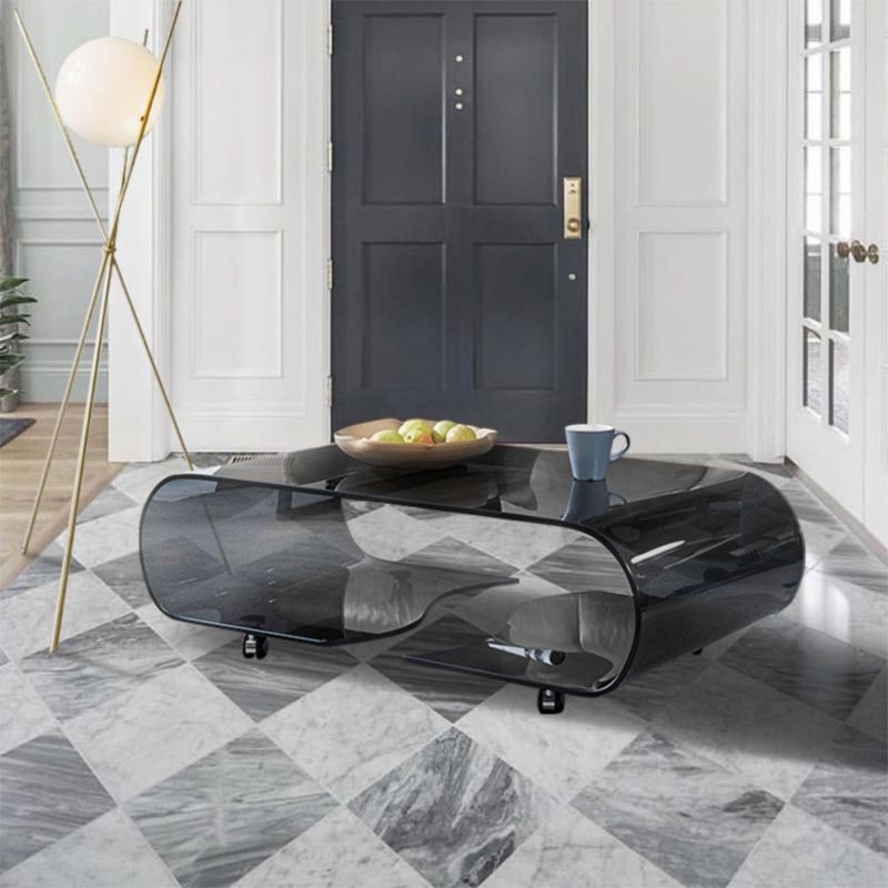 Geometric Glass Coffee Table with Casters Contemporary Shelf Included Cocktail Table Clearhalo 'Coffee & Accent Tables' 'Coffee Tables' 'coffee_tables' 'furn' 'furn_coffee_tables' 'Furniture' 'Living Room Furniture' 1200x1200_578581ca-c542-441e-96fa-2ad4278017ad