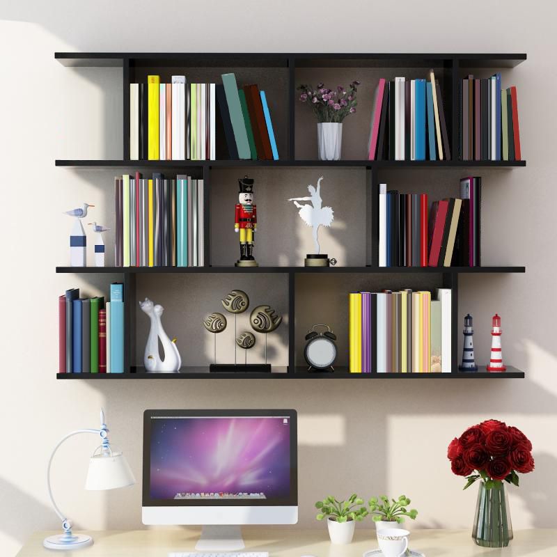 Modern Wall Mounted Shelf Bookcase Horizontal Engineered Wood Bookshelf