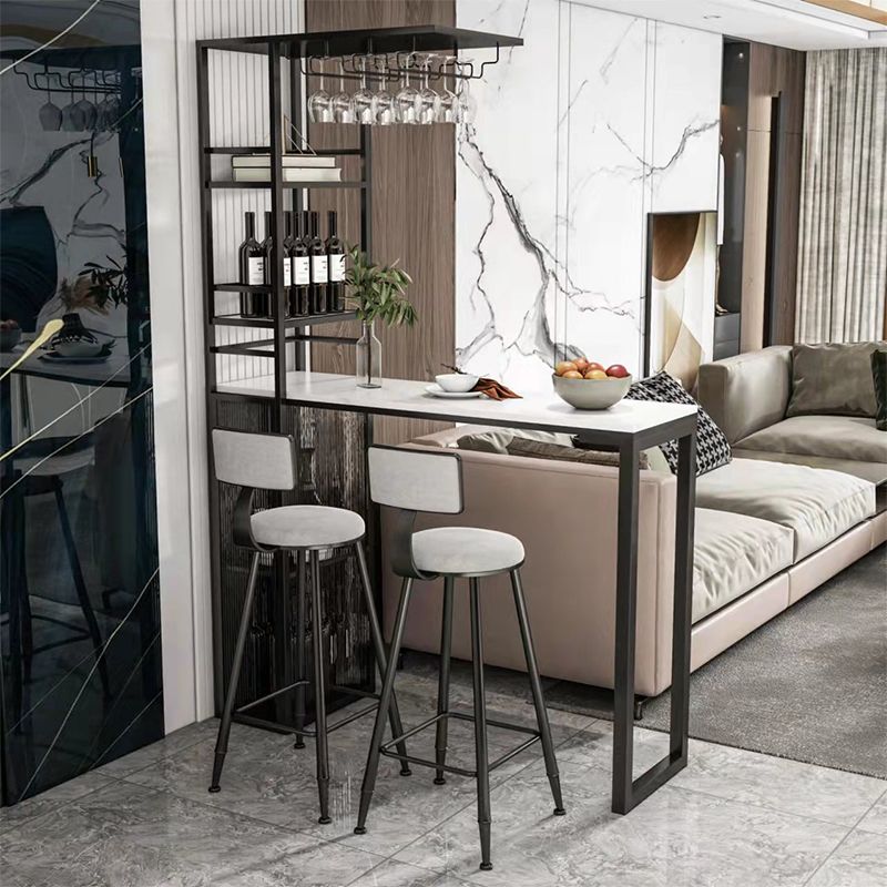 Double Pedestal Pub Table Rectangle Glam Bar Table with Wine Rack