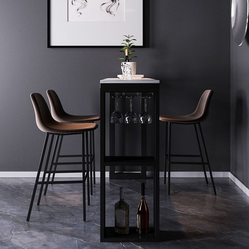 Mesa de bar de piedra sinterizada industrial, mesa de bar con base metálica rectangular, con almacenamiento