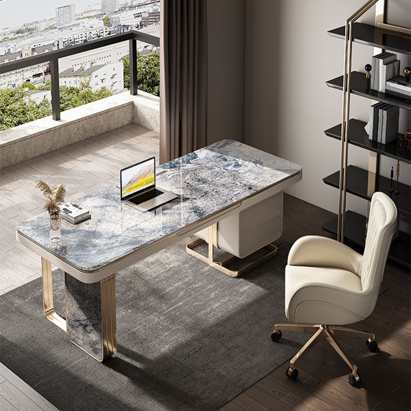 Glam Stone Rectangle Writing Desk 2 Drawers 29.53" Tall Office Desk Clearhalo 'furn' 'furn_office_desk' 'Furniture' 'Office Desks' 'Office Furniture' 'office_desk' 1200x1200_57b1e564-3788-4a6c-8c6d-581232f3adbd