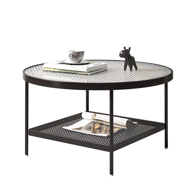 Table de cocktail ronde en verre, table basse en fer à 4 pieds avec étagère