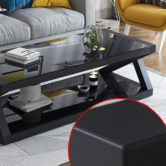17.7" Tall Modern Trestle Base Glass Rectangular Coffee Table with Shelf Clearhalo 'Coffee & Accent Tables' 'Coffee Tables' 'coffee_tables' 'Furniture' 'furniture_coffee_tables' 'Living Room Furniture' 1200x1200_57beb4a2-a038-4d48-8cfd-3d5b6b04abc3
