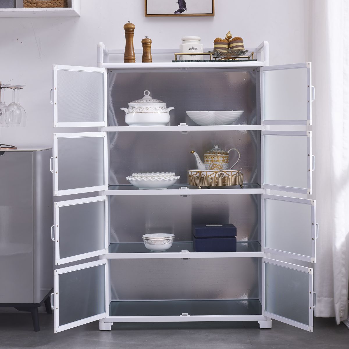 Contemporary Metal Dining Server White Kitchen Cabinets with Glass Doors Clearhalo 'buffet_sideboard' 'Buffets & Sideboards' 'furn' 'furn_buffet_sideboard' 'Furniture' 'furniture_buffet_sideboard' 'Kitchen & Dining Furniture' 1200x1200_57c09fc4-baff-42c6-a28f-249086831daf