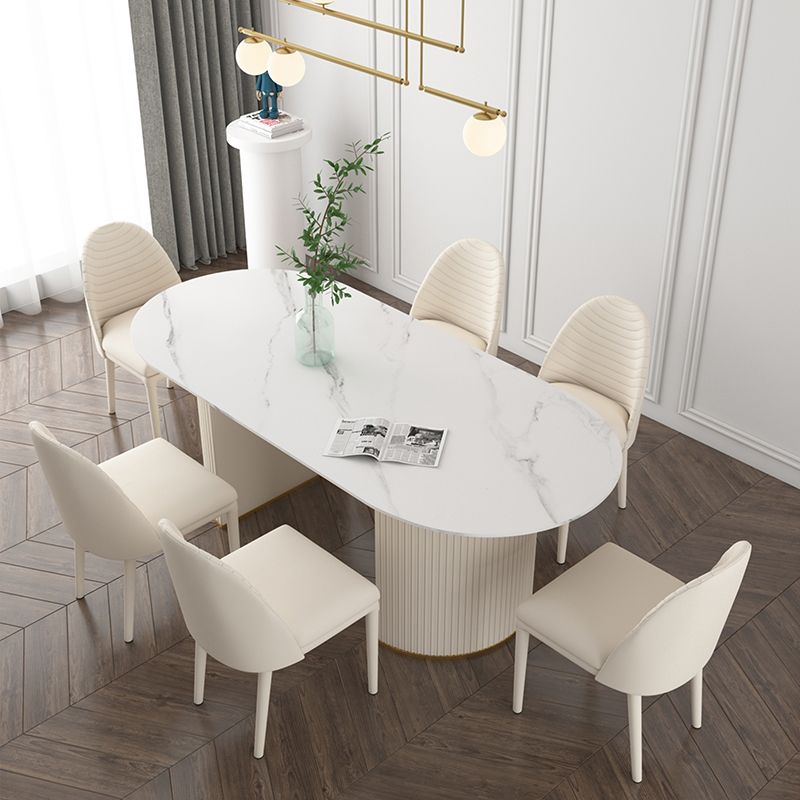 Table à manger ovale en pierre, table à manger à double piédestal pour salle à manger