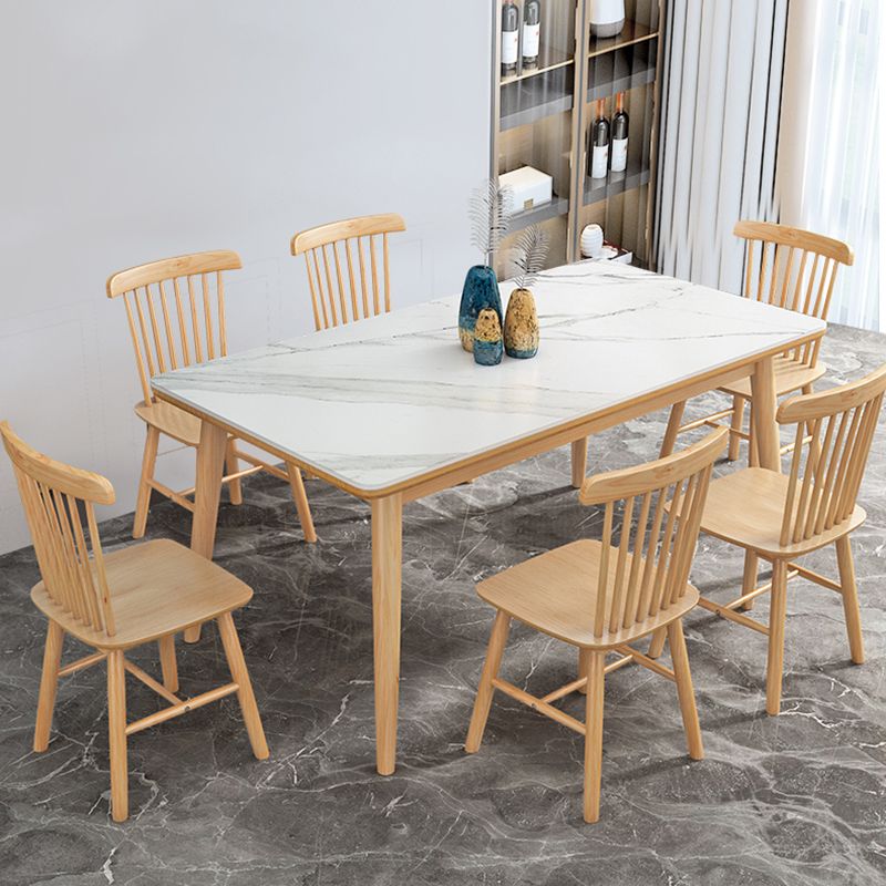 Modern White Rectangle Stone Dining Table with Solid Wood Legs