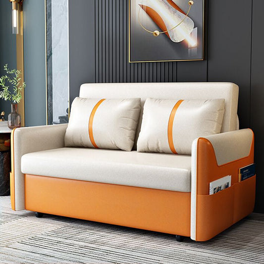 Convertible Stain Resistant Sofa Bed Faux Leather Seating in Orange and Beige