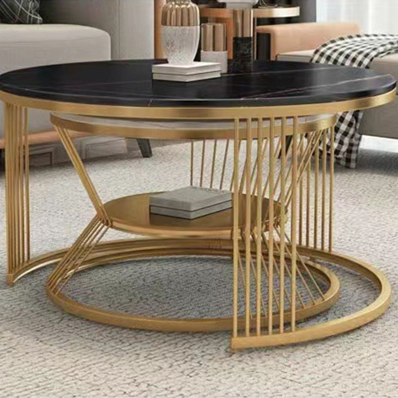 Round White Slate Coffee Table with Shelf Frame Base 2 Nestling Cocktail Table Clearhalo 'Coffee & Accent Tables' 'Coffee Tables' 'coffee_tables' 'furn' 'furn_coffee_tables' 'Furniture' 'furniture_coffee_tables' 'Living Room Furniture' 1200x1200_57c88a4a-3aba-4191-af2e-d51441d4a719