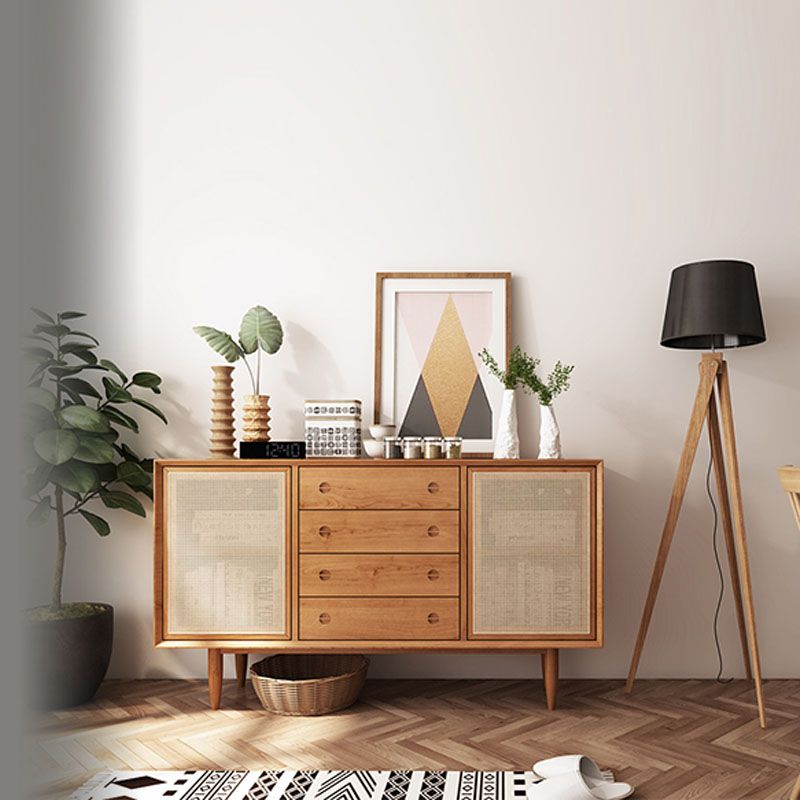 Servitore a buffet di vimini contemporanei in legno massiccio di pine