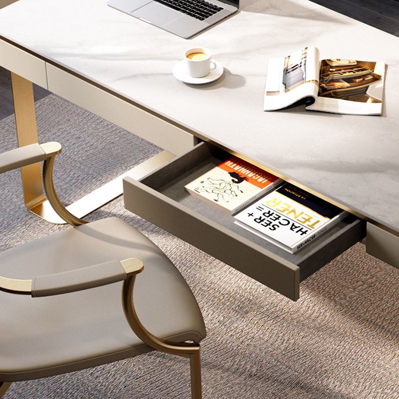 White and Gold Writing Desk Glam Curved Office Desk with Drawers Clearhalo 'furn' 'furn_office_desk' 'Furniture' 'Office Desks' 'Office Furniture' 'office_desk' 1200x1200_581a998c-9e16-488d-89b0-1c054060c432