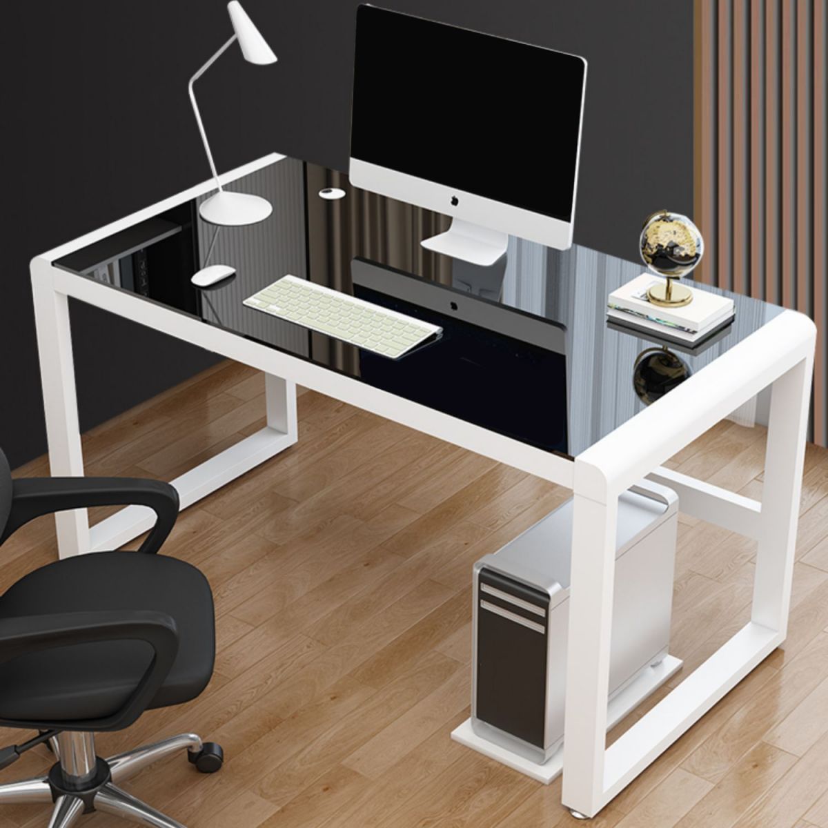 Glass Top Rectangular Gaming Desk Modern 29.53" Tall Computer Desk with Sled Base Clearhalo 'furn' 'furn_office_desk' 'Furniture' 'Office Desks' 'Office Furniture' 'office_desk' 1200x1200_58310d70-4a3c-4778-bdb9-9199a13e6b18