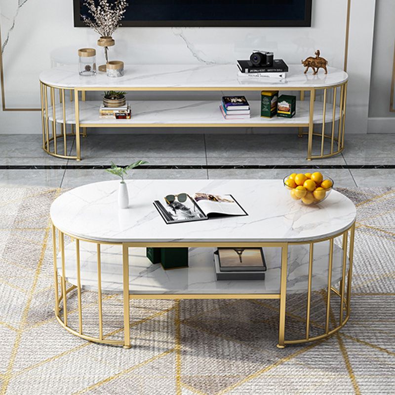 Glam Marble Coffee Cocktail Table Frame Oval Coffee Table with Shelf Clearhalo 'Coffee & Accent Tables' 'Coffee Tables' 'coffee_tables' 'furn' 'furn_coffee_tables' 'Furniture' 'Living Room Furniture' 1200x1200_586234c1-8d87-4a52-afd6-6b0ebec963f3