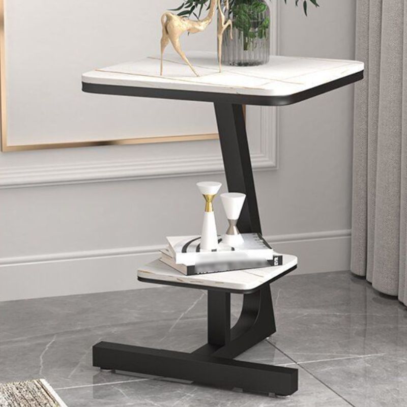 Modern Square Marble Top End Table Two-Tier Side Table with Iron Frame