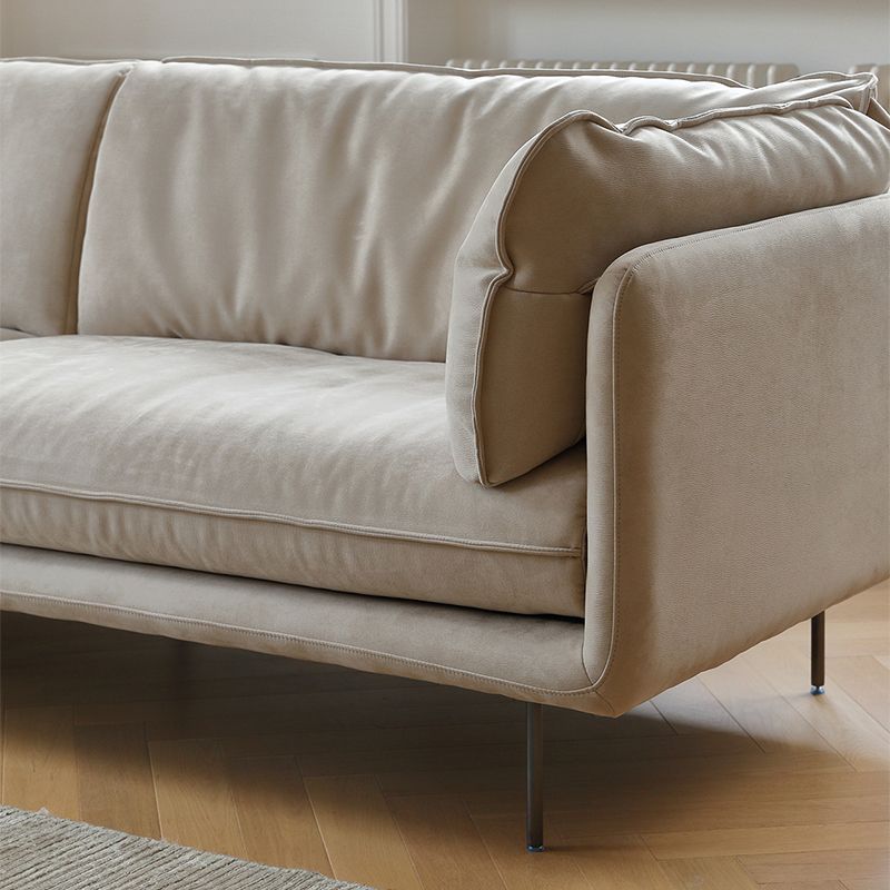 Modern Cream Faux Leather Sofa Pillow Top Arm Sewn Pillow Back Sofa