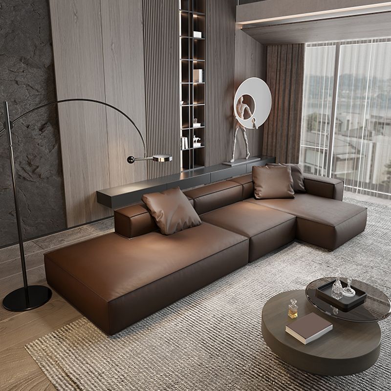 Set sezionale moderno, divano sezionale a braccio quadrato in pelle vera, marrone