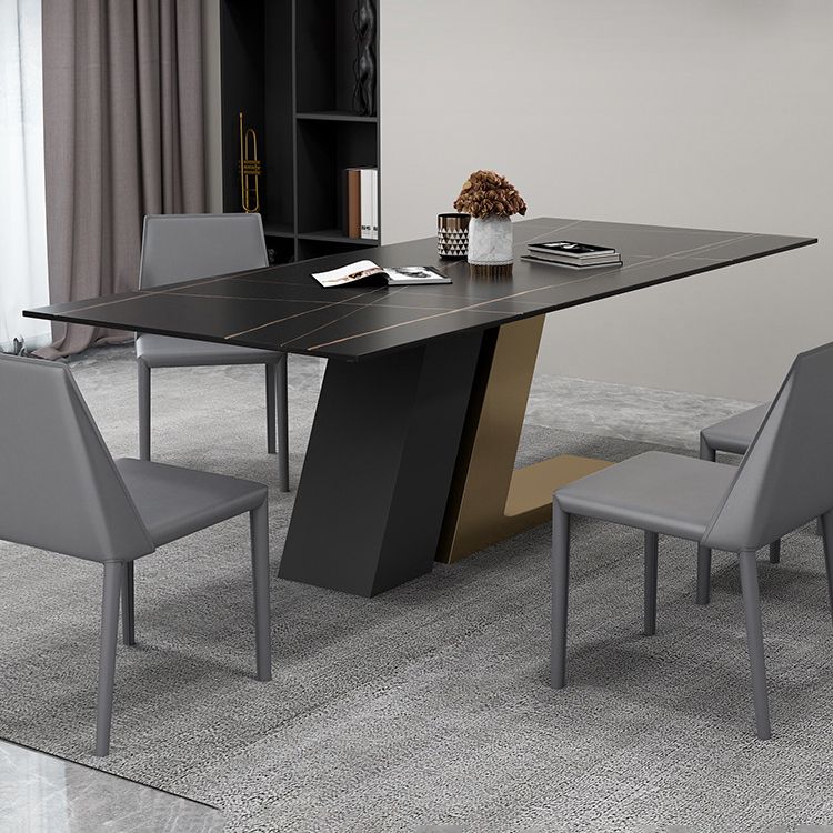 Mesa de rectángulo de base de metal dorado Mesa de comedor de piedra sinterizada en blanco y negro moderno