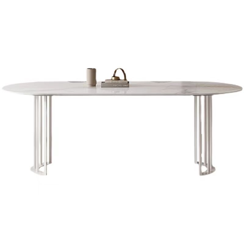 Modern White Stone Top Dinner Table Oval Metal Double Pedestal Dining Table Clearhalo 'Dining Tables & Seating' 'Dining Tables' 'dining_table' 'furn' 'furn_dining_table' 'Furniture' 'furniture_dining_table' 'Kitchen & Dining Furniture' 'kitchen' 'kitchen_dining_table' 1200x1200_589c9357-8efa-4dc5-88b1-e10fb31b4785
