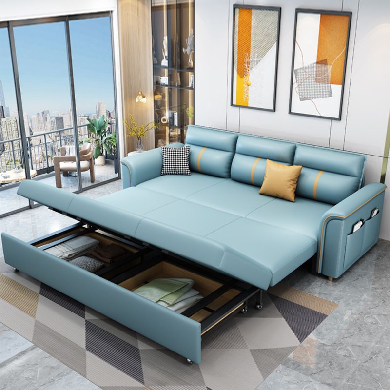 Faux Leather Sofa Bed with Pillows Sofa in Azure with Storage Clearhalo 'furn' 'furn_futons' 'Furniture' 'Futons & Daybeds' 'Futons' 'Living Room Furniture' 1200x1200_589cf24c-4729-4a72-8a17-daaff45d89e2