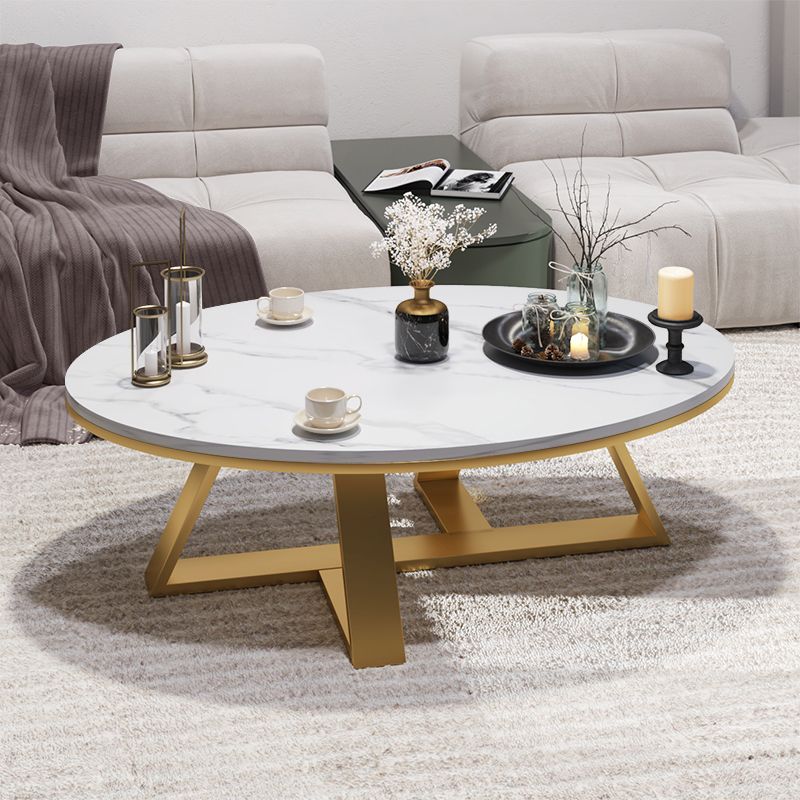 Glam Oval Stone Top Couchtisch mit Eisenkreuz -Basis -Cocktailtisch