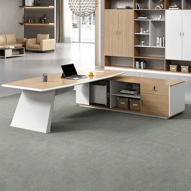 White and Natural Office Desk Modern Artificial Wood Executive Desk Locking Drawer Clearhalo 'furn' 'furn_office_desk' 'Furniture' 'Office Desks' 'Office Furniture' 'office_desk' 1200x1200_58e06245-8e9e-4440-a476-eaa7d518718a