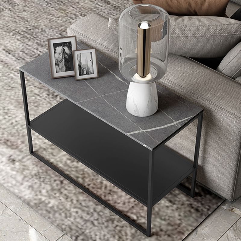 Modern Rectangular Stone End Table Sled Sofa Side Table with Shelf