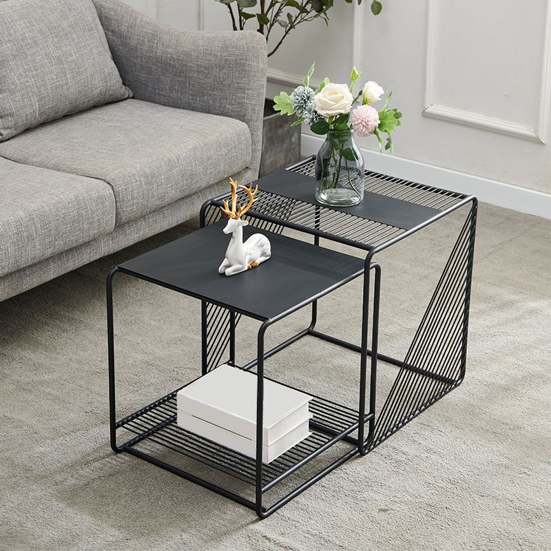 Mid-Century Modern 1/2-Piece Coffee Table in Square Iron Cocktail Table