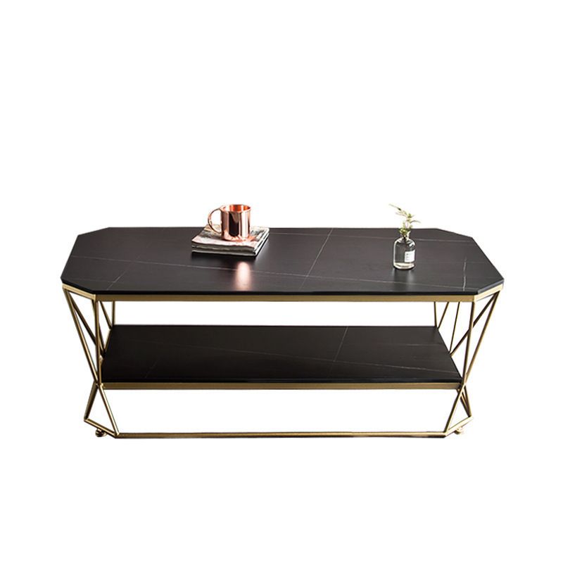 Luxe salontafel met stenen blad, cocktailtafel met metalen frame en plank