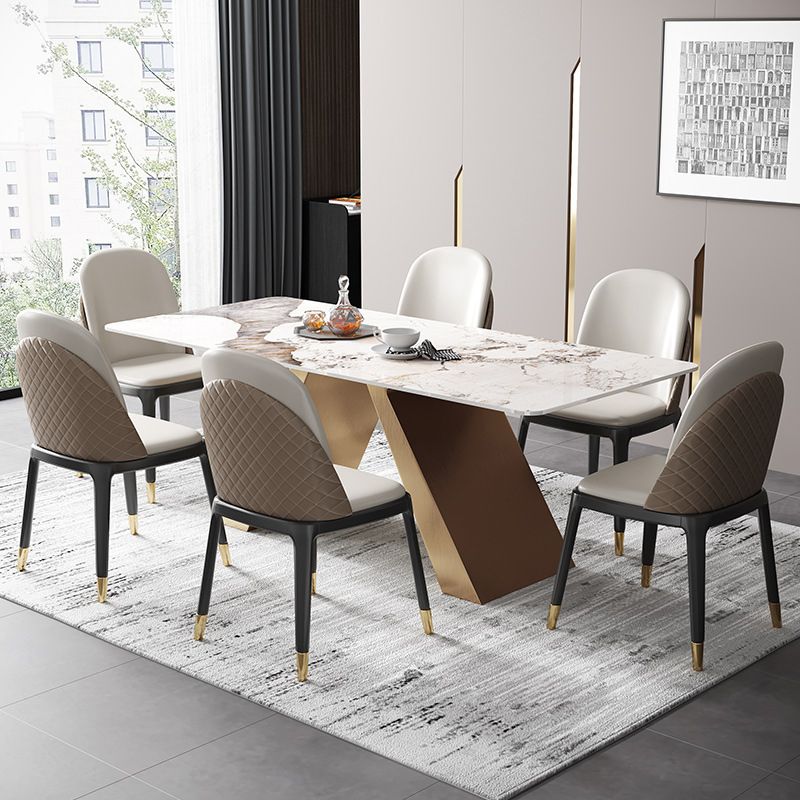 Traditional Luxury Rectangle Dining Room Table Sintered Stone Table with Gold Double Pedestal Clearhalo ' dining_table' 'Dining Tables & Seating' 'Dining Tables' 'furn' 'furn_dining_table' 'Furniture' 'furniture_dining_table' 'Kitchen & Dining Furniture' 'kitchen&dining_furn' 'kitchen' 'kitchen_dining_table' 1200x1200_59208d5c-25c3-4ebb-a24f-074a866df814