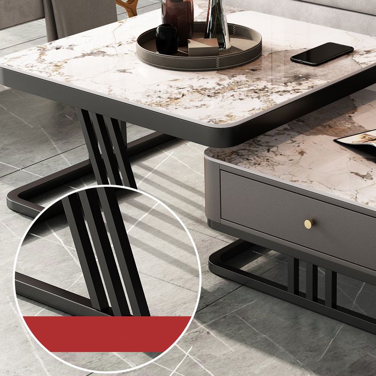 Modern Round Glass / Slate Cocktail Table Steel Frame Coffee Table with Drawer