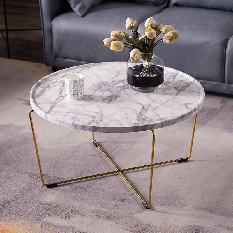 Cross Leg Base Design White/grey Faux Wood Top Metal Iron Round Coffee Table Clearhalo 'Coffee & Accent Tables' 'Coffee Tables' 'coffee_tables' 'furn' 'furn_coffee_tables' 'Furniture' 'Living Room Furniture' 1200x1200_598f66fd-0807-4dd3-9888-c10d859493e3