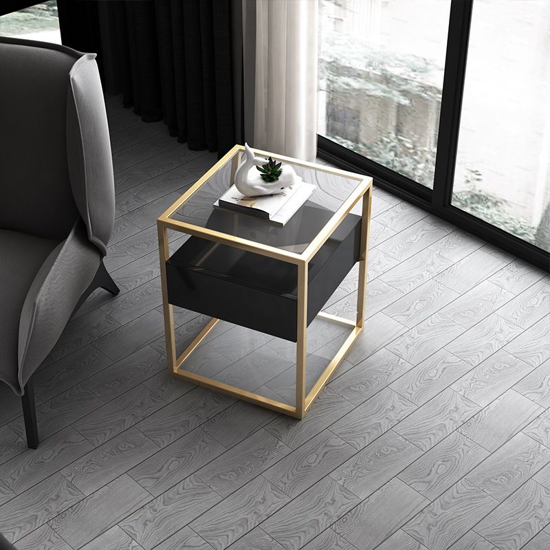 21.2" Tall Modern Rectangular Glass Top Side Table Iron Frame End Table with Storage