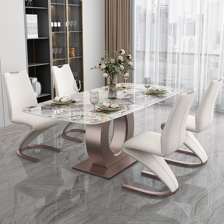 Luxury Sintered Stone Top Table Rectangle Table with Single Pedestal in Rose Gold Clearhalo 'Dining Tables & Seating' 'Dining Tables' 'dining_table' 'furn' 'furn_dining_table' 'Furniture' 'Kitchen & Dining Furniture' 1200x1200_59bdfa0a-e726-4824-8e7c-79e6a9470f72