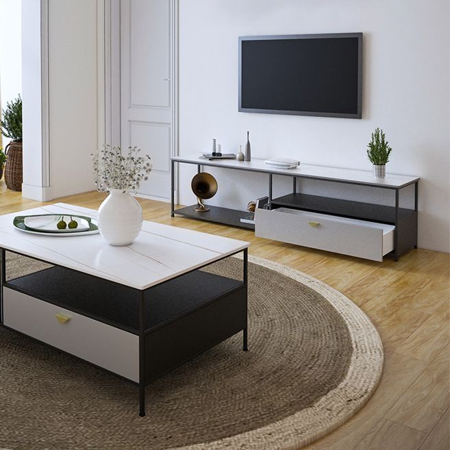 Modern Stone/Iron Top TV Stand 2-Open Shelf TV Console with Storage Clearhalo 'furn' 'furn_tv_stands_entertainment_centers' 'Furniture' 'Living Room Furniture' 'TV Stands & Entertainment Centers' 'TV Stands & Media Storage Furniture' 'tv_stands_entertainment_centers' 1200x1200_59ef0f66-d23a-4d85-849d-e8b6e25848e1