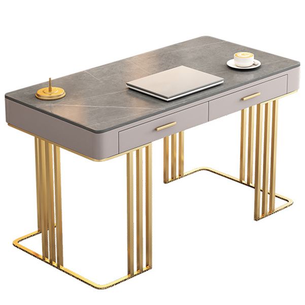 Stone and Metal Writing Desk Glam Pewter Office Desk 3 Drawer