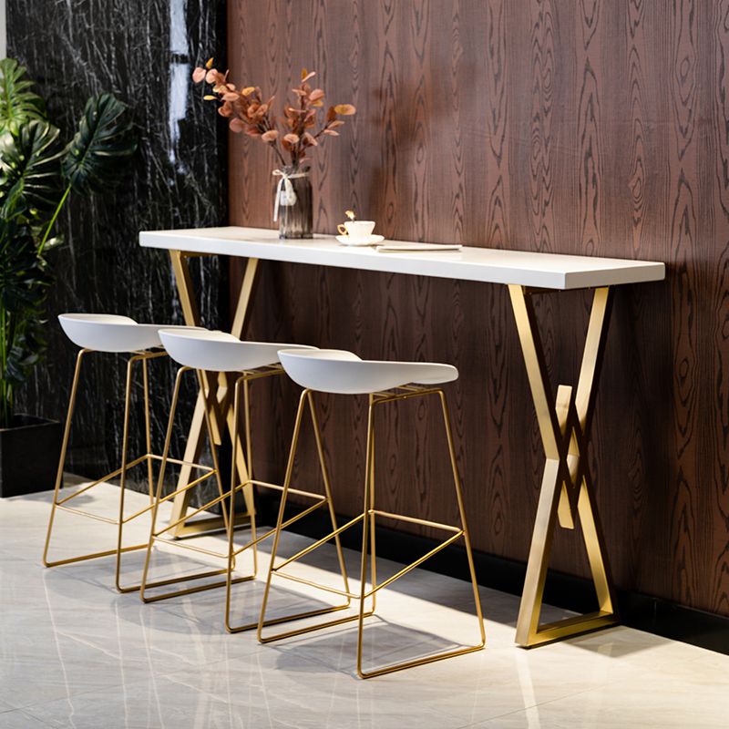 Glam Gold Iron Bar Dining Table White Wood Rectangle Indoor Bistro Table Clearhalo 'Bar Furniture' 'Bar Tables' 'bar_tables' 'furn' 'furn_bar_tables' 'Furniture' 'furniture_bar_tables' 'Kitchen & Dining Furniture' 1200x1200_5a4c0475-22f3-456d-8a30-750a84e2d627