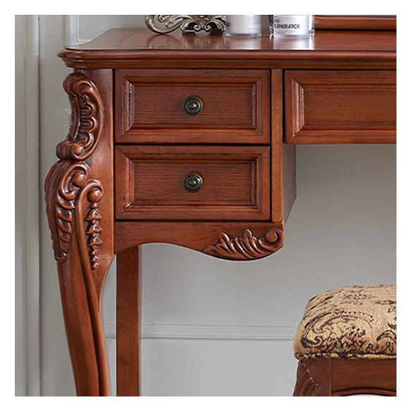 Vanità del tavolo da trucco marrone in legno massiccio con cassetti e specchio