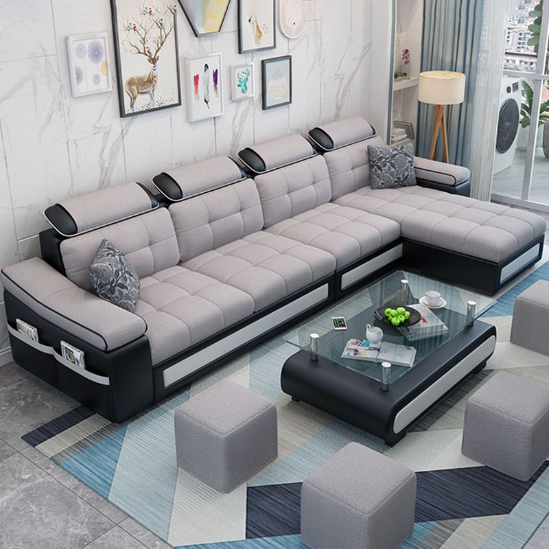 L-shape Faux Leather/Linen Blend Sectional Right Facing Sofa with Ottoman Included Clearhalo 'Furniture' 'furniture_sectionals' 'Living Room Furniture' 'Sectionals' 1200x1200_5a614535-72c6-4dba-90d0-5fbdc7f8056f