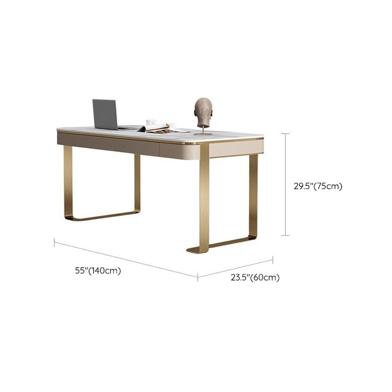 White and Gold Writing Desk Glam Curved Office Desk with Drawers Clearhalo 'furn' 'furn_office_desk' 'Furniture' 'Office Desks' 'Office Furniture' 'office_desk' 1200x1200_5a8325f3-7049-4dd4-b6b7-b731243fa85f