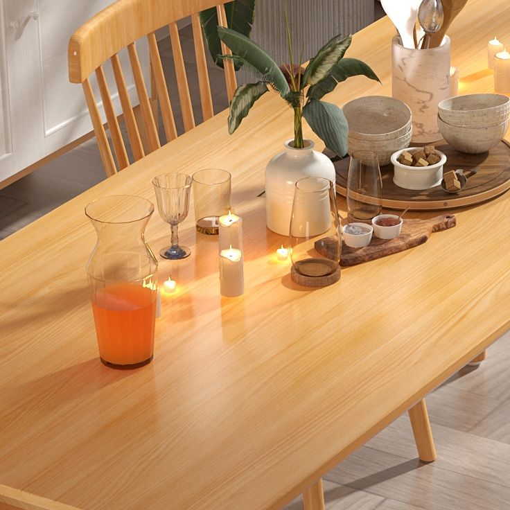 Mesa de comedor rectangular de madera maciza de pino con patas con acabado natural